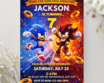Sonic verjaardagsuitnodiging sjabloon, bewerkbare Sonic themafeest uitnodiging voor kinderen, digitale Instant Download