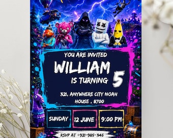 May include: A rectangular birthday invitation card featuring a dark blue and purple background with lightning and video game characters. Text reads: YOU ARE INVITED WILLIAM IS TURNING 5, 321, ANYWHERE CITY NOAH HOUSE, 8700, SUNDAY 12 JUNE 9:00 PM, RSVP AT +921-985-345.