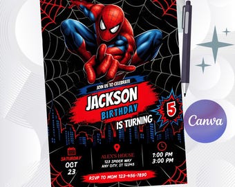 May include: A rectangular birthday invitation card featuring a red and blue superhero character against a black spiderweb background. The text reads: JOIN US TO CELEBRATE JACKSON BIRTHDAY IS TURNING 5, SATURDAY OCT 23, ALEX'S HOUSE 123 SPIDER WAY, 1:00 PM 3:00 PM, RSVP TO MOM 123-456-7890.
