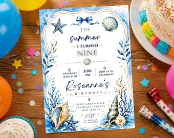 May include: A rectangular birthday invitation card featuring a watercolor nautical theme with blue starfish, seashells, and coral. The text reads: The summer I turned nine, Roseanne's birthday, Saturday June 27th, 2:00 PM, Blue Green Cafe, 123 Beach Street, New Jersey.