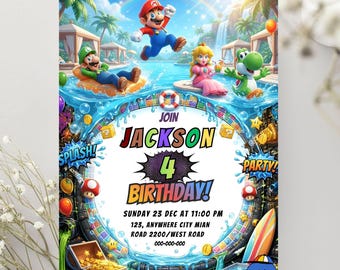 Super Mario Pool Party Invitation, Mario Birthday Party Invite, pool party invitation, Instant Download, Editable Canva Template