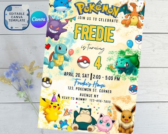 May include: A birthday invitation template featuring various colorful Pokemon characters including Pikachu, Charizard, and Bulbasaur. The text reads Join us to celebrate Fredie is turning 4 on April 20, Sat, 2:00-5:00 PM at Fredie's House, 123, Pokemon St. Corner Avenue NY.