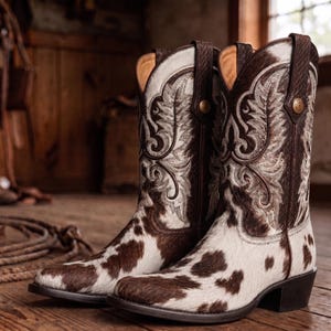 Peut inclure: Une paire de bottes de cowboy avec un motif peau de vache blanc et marron sur le pied et le bas de la tige. La partie supérieure est marron foncé avec des broderies blanches complexes, des tirettes et un petit rivet métallique sur le côté.