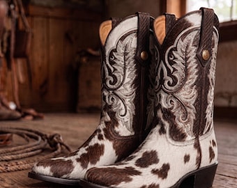 Handgemaakte cowboylaarzen van rundleer met haar, geborduurde westernleren laarzen