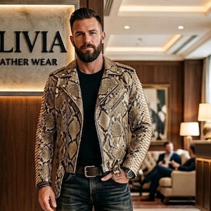May include: A beige and brown snakeskin-patterned leather motorcycle jacket with a notched lapel, silver-tone zippers, and a belted waist. The jacket is worn over a plain black t-shirt and dark denim jeans, featuring a metal buckle belt.