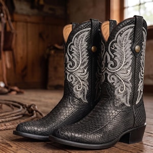 Botas vaqueras negras estilo western – Botas de piel de serpiente bordadas