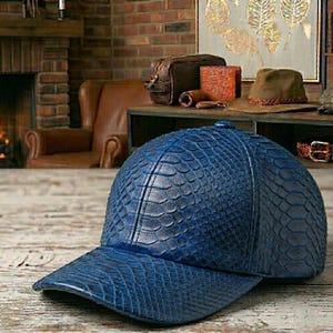 Luxury Python cap- Snakeskin Leather Baseball Cap – Adjustable Black Headwear, Unisex Streetwear Fashion,