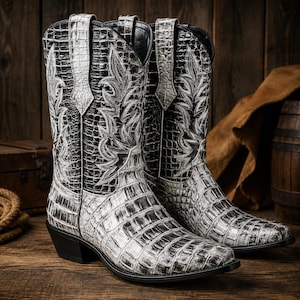 Black & White Crocodile Embossed Cowboy Boots | Luxury Western Leather Boots |