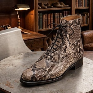 Handmade Python Skin Oxford Boots, Luxury Balmoral Lace-Up Ankle Boots