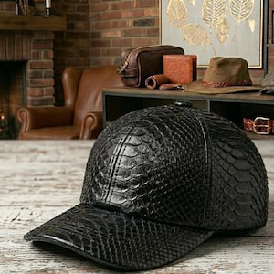 Handmade Leather Baseball Cap: Embossed Python Snakeskin, Adjustable strap