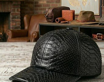 Handmade Leather Baseball Cap: Embossed Python Snakeskin, Adjustable strap