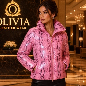 Women's Emerald Green Snake Print Leather Puffer Jacket, High Collar Winter Coat