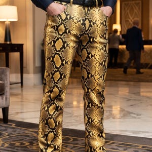 Men's Snake embossed  Leather Pants | Python Pattern Leather Trousers |