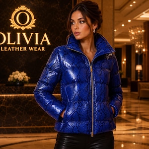 Chaqueta acolchada de piel con estampado de pitón para mujer, prenda de abrigo de invierno de lujo inspirada en diseñadores.
