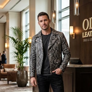 Men's  Gray Black Python Leather Biker Jacket – Exotic Snakeskin Motorcycle Coat