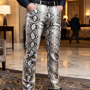 Men's Snake Embossed Leather Pants, Handmade Genuine Python Trousers