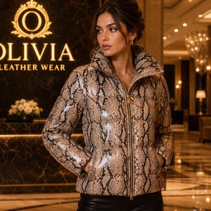 Handmade beige  Snake Leather Jacket | Women's Luxury Puffer Coat | Genuine Leather Winter Wear