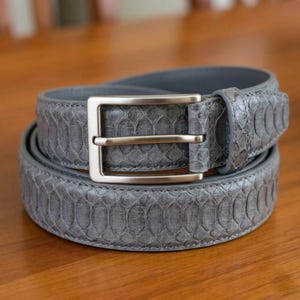 Embossed Python Leather Belt, Handmade Gray Snakeskin Men's Belt