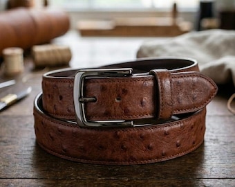 Straußenleder Gürtel | Handgefertigtes Vollnarbenleder, Metallschnalle, Herrenaccessoire