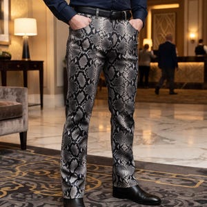 Men's Snake Embossed Leather Pants | Genuine Python Pattern Trousers