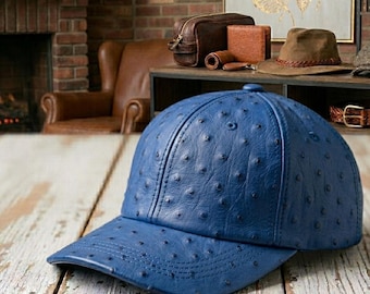 Blue Ostrich  leather Cap embossed With Adjustable Closure Handmade In The USA