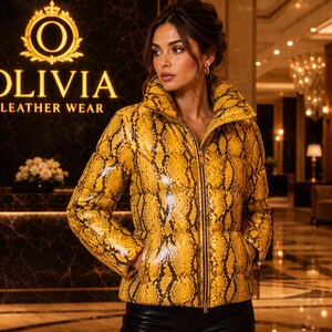Luxury Women's Snake Leather Jacket, Yellow Python Print Puffer Coat, Winter Fashion Gift