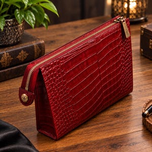 Puede incluir: Un estuche rectangular de color rojo intenso con un patrón de textura de piel de cocodrilo. El accesorio incluye un cierre de cremallera de metal dorado en la parte superior y un tirador de metal a juego con un emblema de flor de lis.