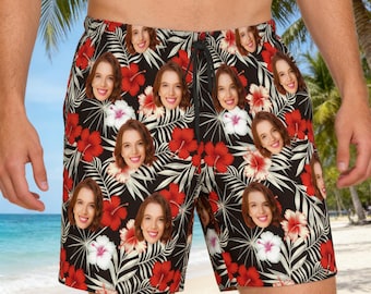 Custom Face Swim Trunks, Personalized Photo Beach Shorts, Tropical Hawaiian Pool Wear