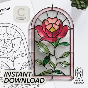 May include: Stained glass panel featuring a vibrant red and pink flower with green leaves and a black frame. The panel has a pink arched border. The words "INSTANT DOWNLOAD" are visible. The image also includes a diagram and a "Commercial License" badge.
