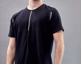 cloudcity t shirt with striped stitch and open cuts on the sleeve