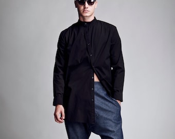 Crooked Button Cotton Long Shirt - High Collar Design