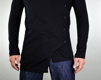 Asymmetric Button T-Shirt: Crossed Long Sleeve Top