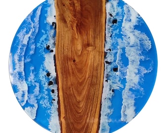 Ocean Wave Resin Coffee Table | Round Wood Epoxy Tabletop | Coastal Beach Art Furniture