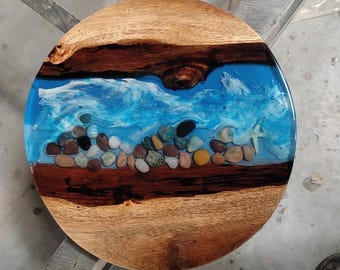 Ocean Resin Side Table | Handmade Wood Epoxy Coastal Decor Pebble Art Round Accent Table