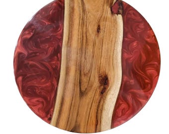 Red Resin Wood Coffee Table | Round Live-Edge Slab Accent Table