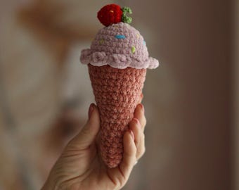 Patron de crème glacée aux fraises au crochet : Tutoriel PDF Amigurumi (Low-Sew)