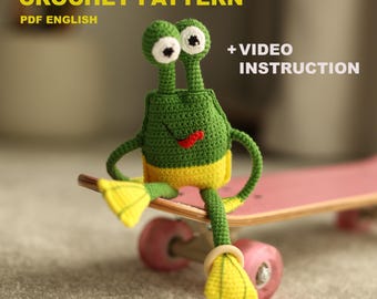 Modèle de grenouille interactive au crochet — Son couinant, bras et jambes articulés, tutoriel vidéo (PDF)
