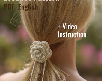 Modèle PDF de roses au crochet, tutoriel chouchou fleuri, accessoire pour cheveux romantique à faire soi-même, modèle vidéo en anglais