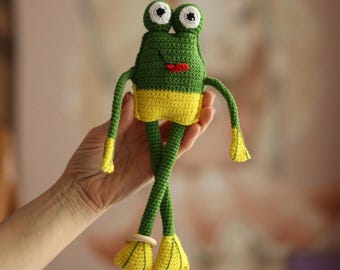 Modèle PDF de grenouille au crochet, jouet amigurumi interactif avec bras articulés et pattes qui couinent