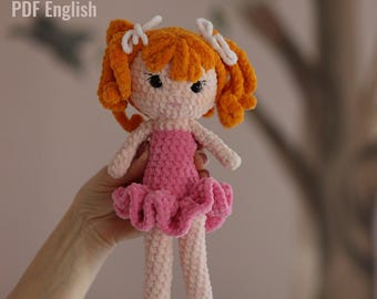Modèle de poupée au crochet : Tutoriel PDF pour ballerines amigurumi en peluche avec du fil de velours et des cheveux roux