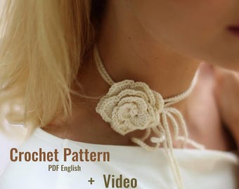 Motif de roses au crochet PDF avec tutoriel vidéo pour accessoire de cheveux tour de cou ou ceinture romantique