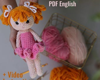 Modèle de poupée au crochet : Tutoriel PDF pour ballerines amigurumi en peluche avec leçons vidéo et cheveux roux