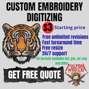 Puede incluir: Un anuncio de servicios de digitalización de bordados personalizados. La imagen presenta un diseño detallado de la cabeza de un tigre en naranja, amarillo y negro. El texto incluye "CUSTOM EMBROIDERY DIGITIZING", "GET FREE QUOTE" y detalles del servicio.