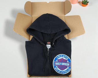 Sudadera con capucha y cremallera Harley-Davidson Chicago Wrigleyville vintage, color negro / Ropa de motociclista de los años 2000