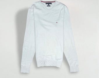 Jersey de punto de algodón vintage Tommy Hilfiger blanco / Cuello redondo clásico