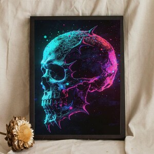 Glowing Cyber Skull Art: Retro-Futuristic Wall Decor, Neon Splatter Skull Poster, Abstract Tech Gothic Print, Modern Gaming Room Wall Art