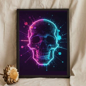 Glowing Cyber Skull Art: Retro-Futuristic Wall Decor, Neon Splatter Skull Poster, Abstract Tech Gothic Print, Modern Gaming Room Wall Art