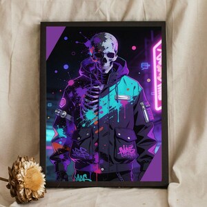 May include: Framed art print featuring a stylized skeleton wearing a black jacket with purple and teal accents. The artwork has a cyberpunk aesthetic with neon lighting and graffiti-style details. The print is in a black frame.