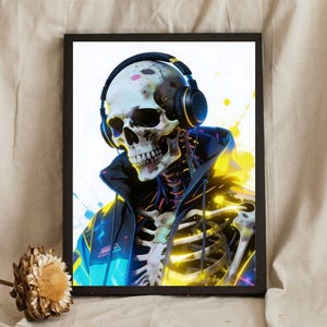 May include: A framed art print featuring a stylized skeleton wearing headphones and a blue jacket with neon yellow accents. The artwork has a digital art style, with a white background and a black frame.
