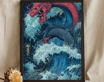 Arte de la Ola del Dragón Rojo: Póster mítico del Mar al estilo Ukiyo-e japonés